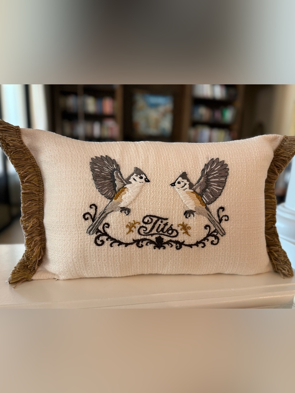 Embroidered Titmouse Bird Accent Pillow - Cream with Gold fringed trim.